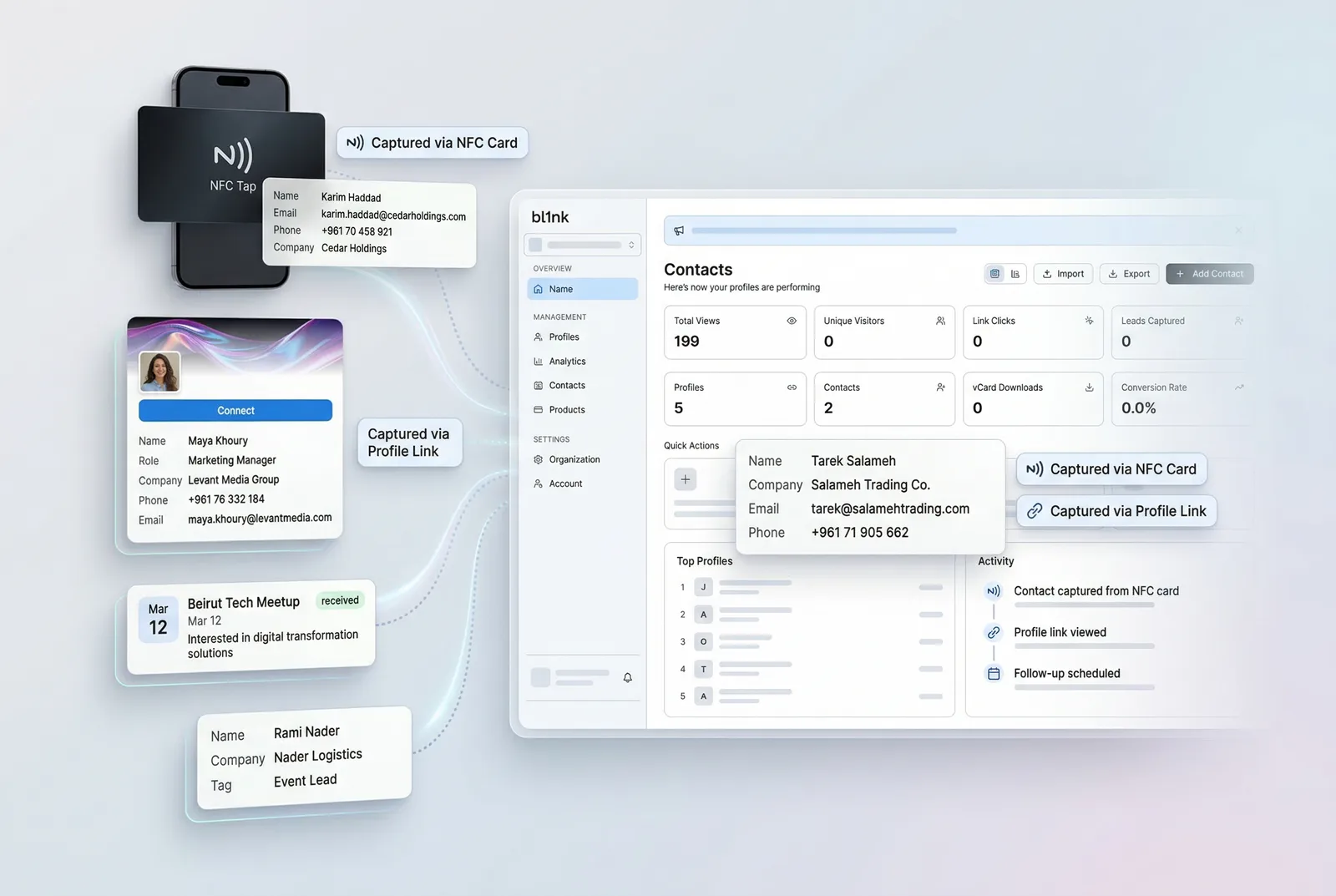Bl1nk capture flow: an NFC business card tap landing a new contact in a shared team dashboard with no app download.